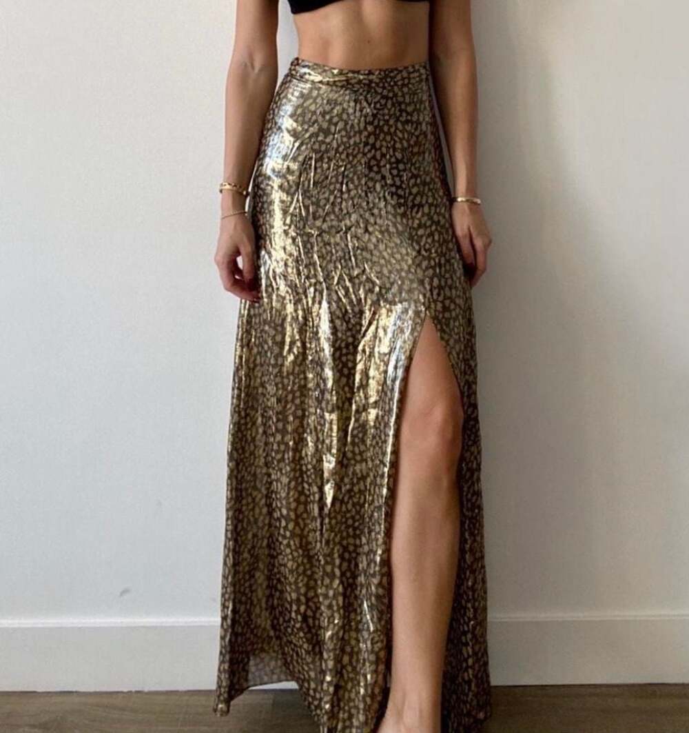 Alice + Olivia Gold Metallic Leopard Print Maxi Skirt, Style CC810M20308